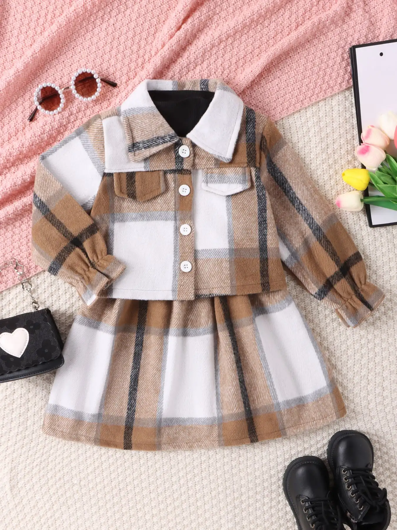 Turtleneck Plaid Dress Plaid Jacket Two-piece Set