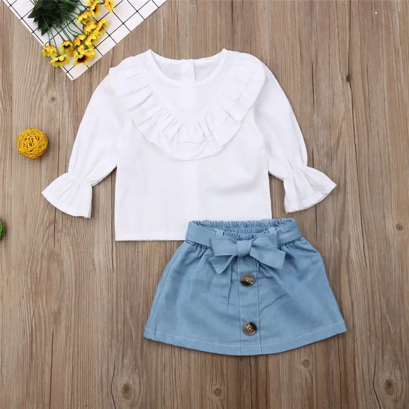 Children's Clothing Spring And Autumn Infant Toddler Fresh White Jersey Denim Skirt Suit