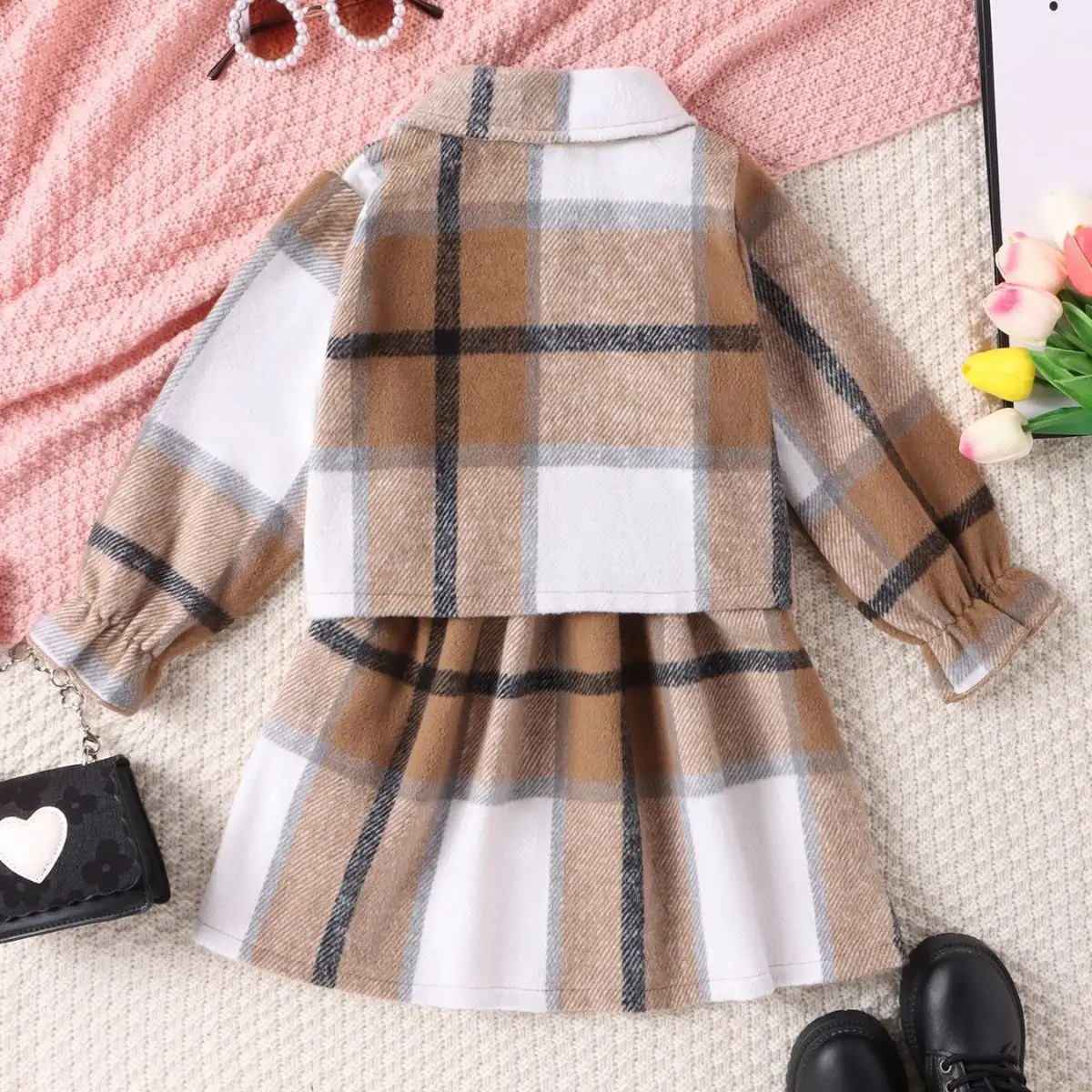 Turtleneck Plaid Dress Plaid Jacket Two-piece Set