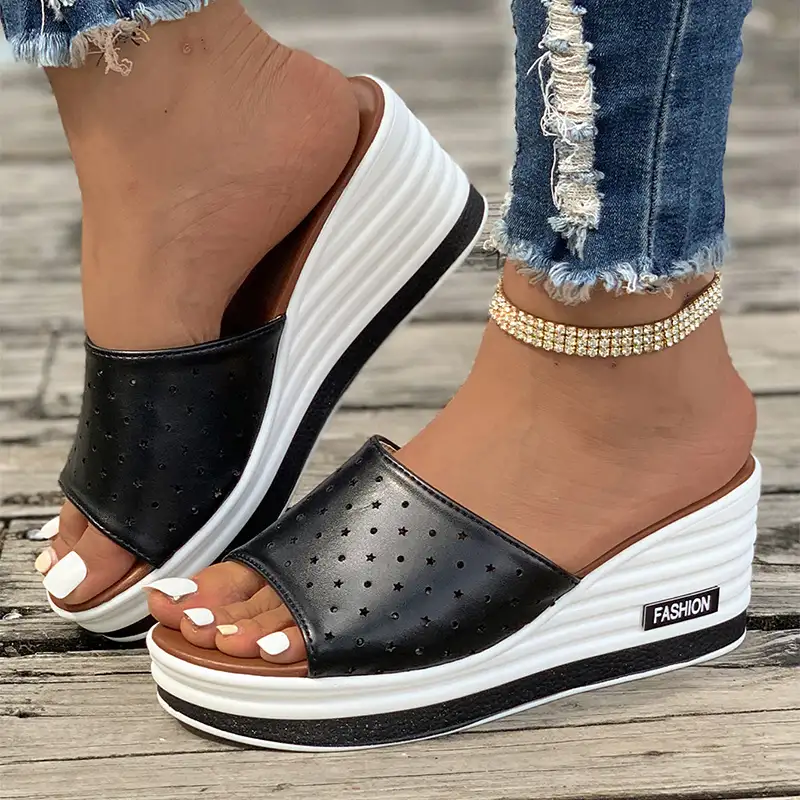 Fish Mouth Wedges Sandals Summer Fashion Hollow Design High Heels Slides Slippers Casual Beach Shoes For Women