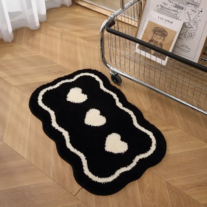 Ins Style Black And White Bathroom Absorbent Floor Mat Household Thickened Fluff Non-slip Foot Mat Flocking Carpet