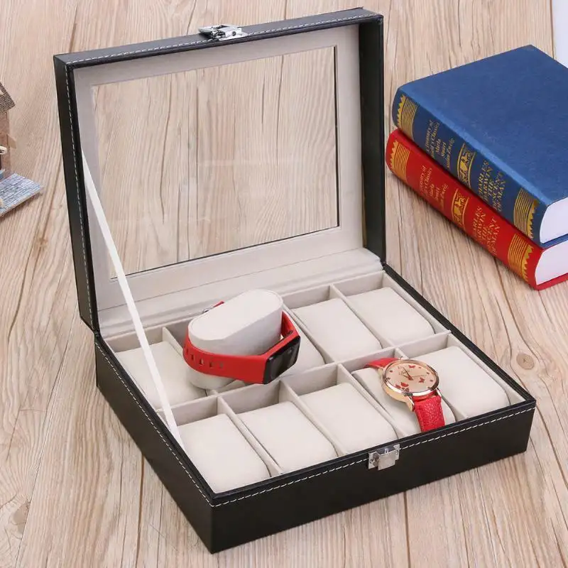 Watch Display Grid Box Lockable Case Faux Leather Jewellry Storage Organiser