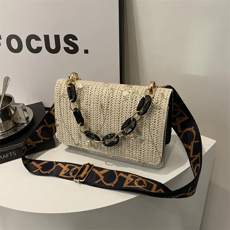 Women's Fashion Straw Small Square Bag Acrylic Chain