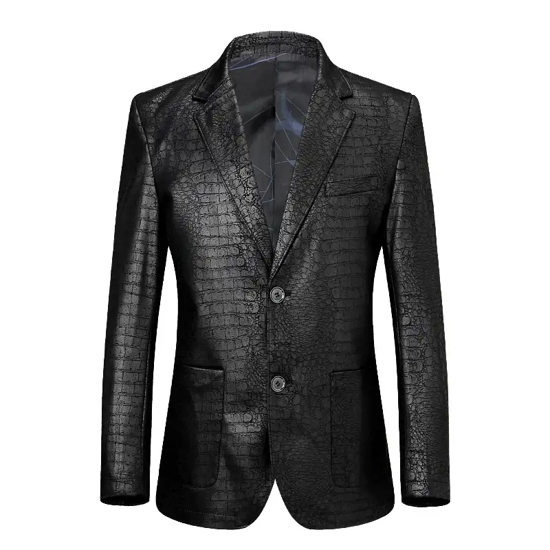 Men's Leather Coat Suit Collar Single-breasted Crocodile Pattern