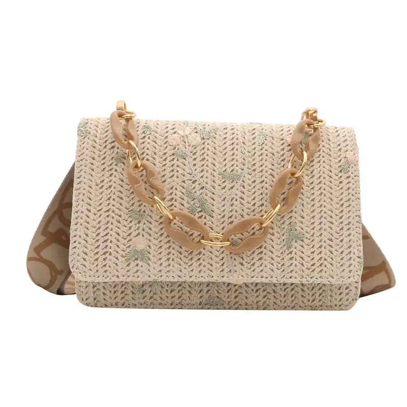 Women's Fashion Straw Small Square Bag Acrylic Chain