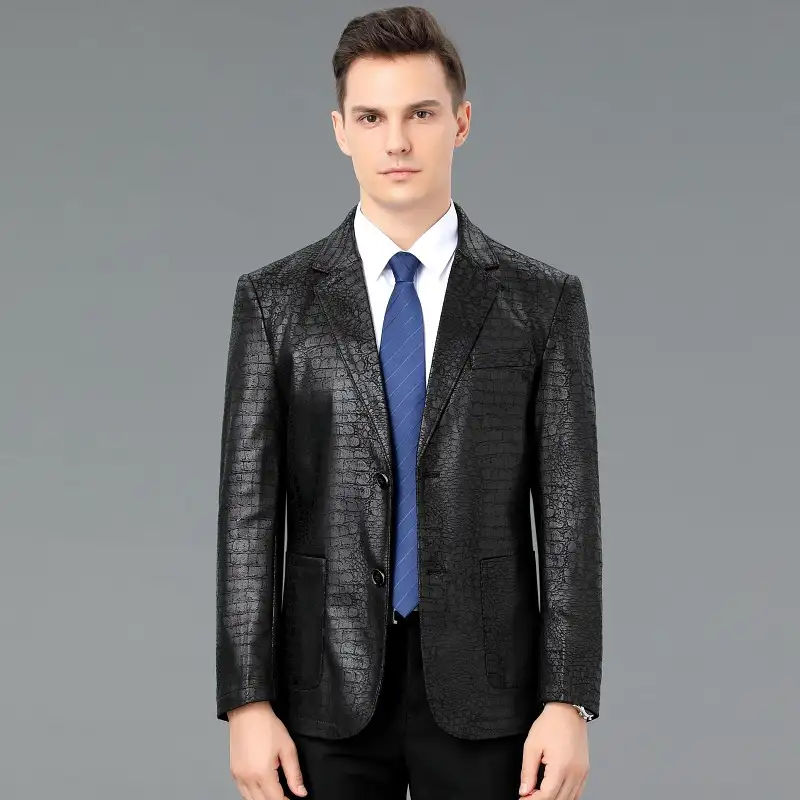 Men's Leather Coat Suit Collar Single-breasted Crocodile Pattern