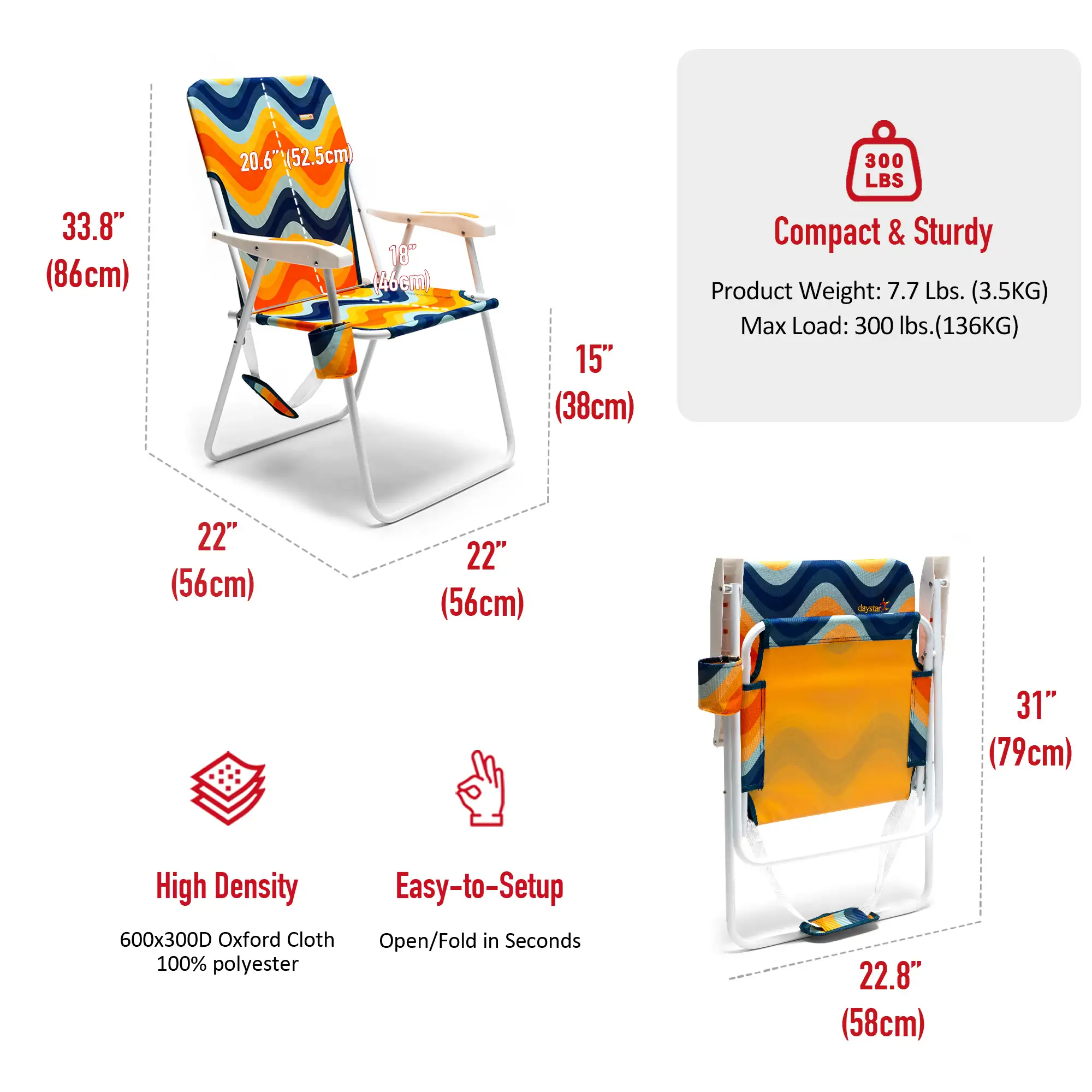 Tall Folding Beach Chair Lightweight, Portable High Sand Chair For Adults Heavy Duty 300 LBS With Cup Holders, Foldable Camping Lawn Chairs For Camping, Outdooring, Traveling, Picnic Concert,Sports