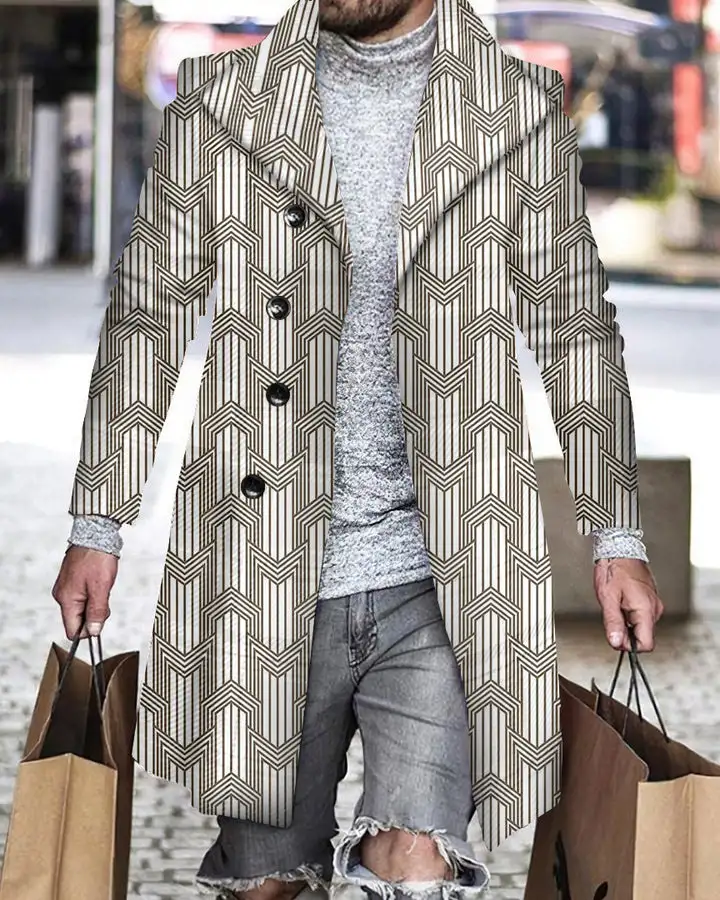 Woolen Printed Men's Coat Fashion Mid-length Trench Coat