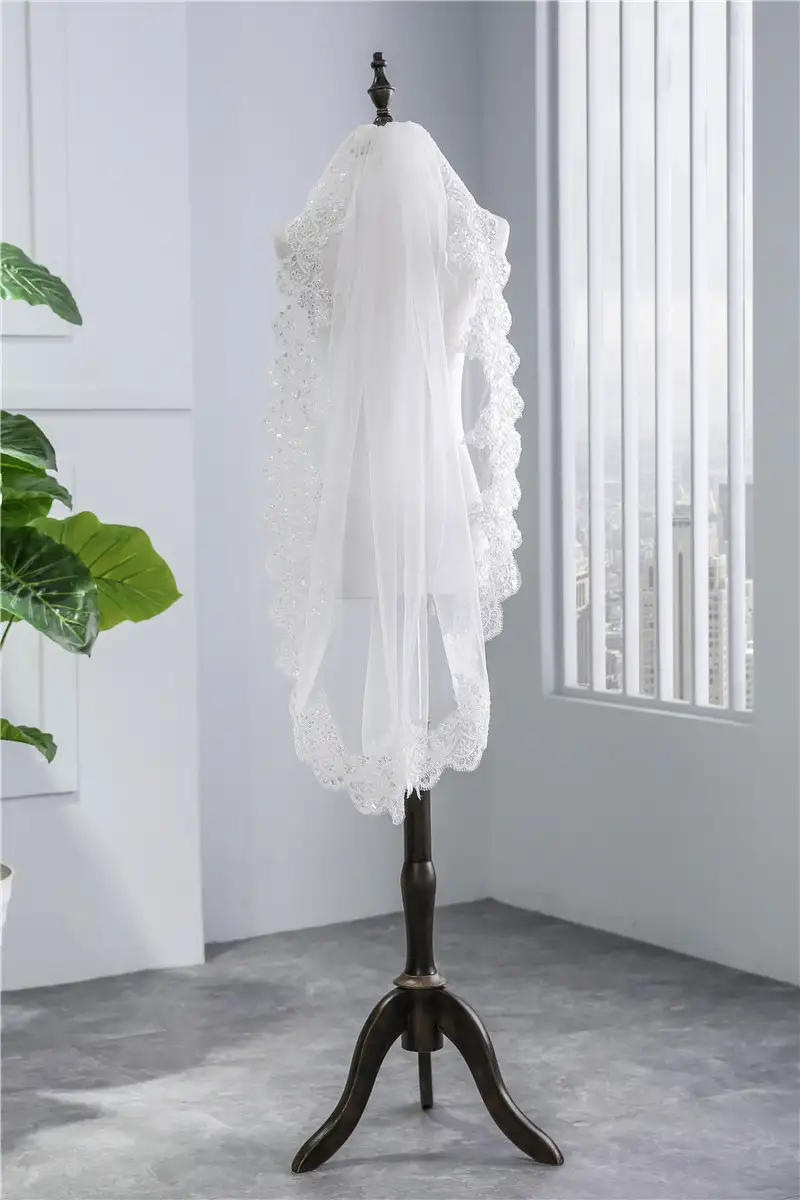 Short Veil Soft Mesh Sequined Lace White Ivory